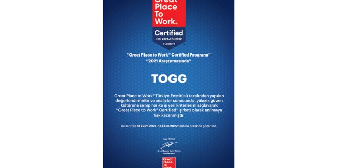 TOGG’a Great Place to Work Sertifikası