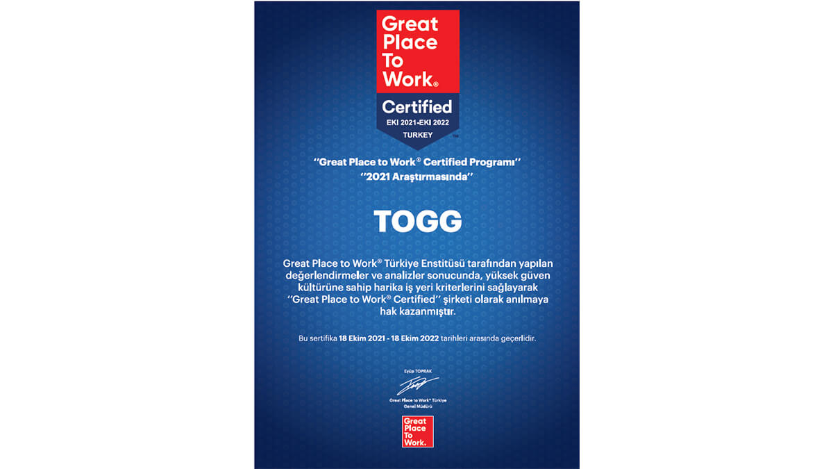 TOGG’a Great Place to Work Sertifikası